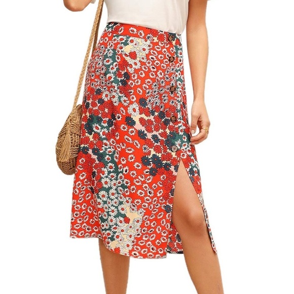 Dresses & Skirts - Boho Floral High Waist Split A Line Midi Skirt